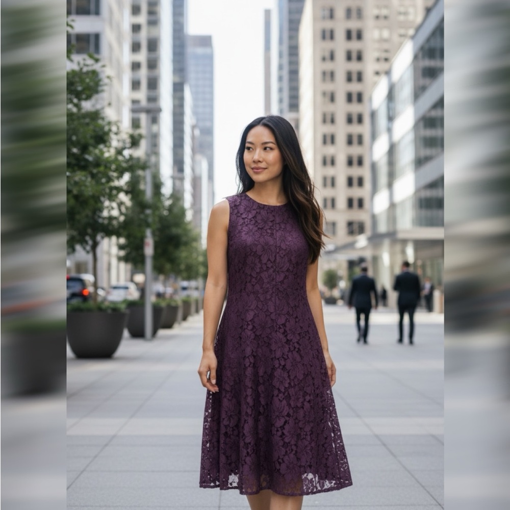Ann Taylor Lace Dress 8 Plum Sleeveless Floral Midi Elegant